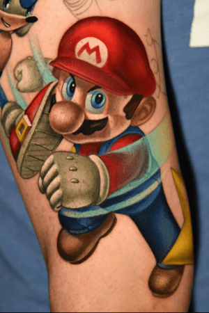 Color realistic super mario fighting sonic the hedgehog. This progress pic is the start to a super smadh bros. Sleeve. 