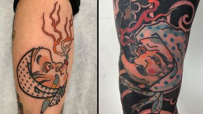 Tattoo on the left by Acetates and tattoo on the right by Len Hoofd #LenHoofd #Acetates #hyottokotattoos #hyottokotattoo #hyottoko #comedian #folkart #mask #portrait #funnytattoo #Japanese