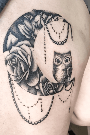 #owl on a #moon of #roses with #pearls done on the back of the shoulder