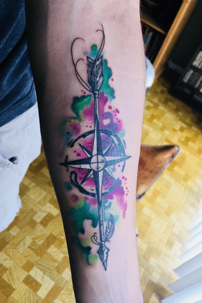 Watercolor Arrow Tattoo On Right Bicep
