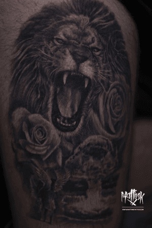 A big explosion out here ! A dope tattoo i did ! #mattinktattoo #rose #lion #tattoo #explosion #nuclearbomb #angel #ink 