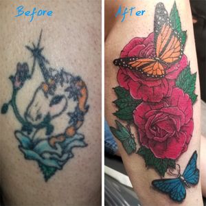 Before and after cover up I did! Original tattoo was over 30 years old. Glad I could be of service!