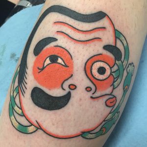 Tattoo by Bunshin Horiyen #BunshinHoriyen #Horiyen #hyottokotattoos #hyottokotattoo #hyottoko #comedian #folkart #mask #portrait #funnytattoo #Japanese