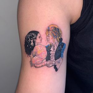 Tattoo by Mick Hee #MickHee #tattoosoffamouspeople #famouspeopletattoos #famous #portrait #people #davidbowie #thelabyrinth #color #illustrative #JenniferConnelly