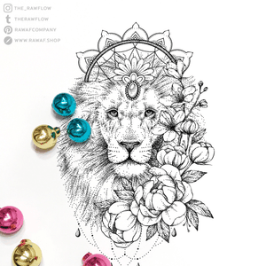 Lion, dreamcatcher and flowers. Full design available at www.rawaf.shop/tattoo or follow on Instagram (the_rawflow) for new designs! #dotwork #blackwork #lion #animal #flower #flowers #peony #peonies #mandala #dreamcatcher 