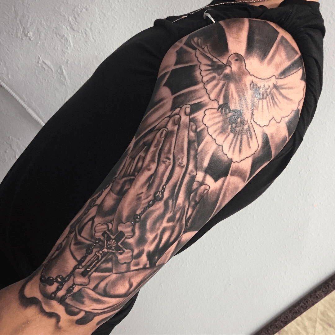 Praying Hands And Dove Tattoo On Arm Sleeve