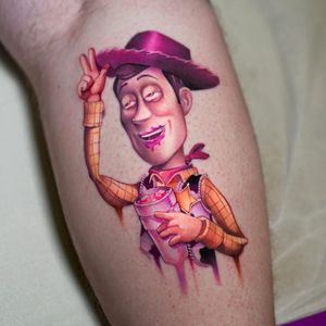 Tattoo by Steven Compton #StevenCompton #tattoosoffamouspeople #famouspeopletattoos #famous #portrait #people #toystory #newschool #color #cowboy #drunk #sheriffwoody #woody