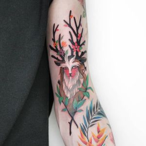 Tattoo by Sang Jin aka polyc sj #Sangjin #polycsj #forestspirittattoo #princessmononoketattoo #shishigami #nightwalker #anime #manga #newschool #color #illustrative #nature #studioghibli