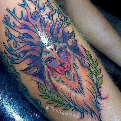 Tattoo by Pheris Garza #PherisGarza #princessmononoketattoo #shishigami #nightwalker #anime #manga #newschool #color #illustrative #nature #studioghibli