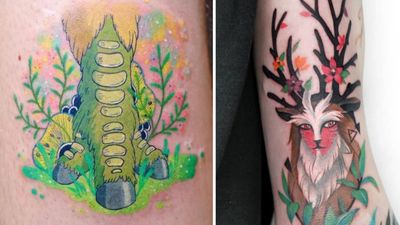 Tattoo on the left by Jury Tattoo and the tattoo on the right by Sang Jin aka polyc sj #Sangjin #polycsj #JuryTattoo #forestspirittattoo #princessmononoketattoo #shishigami #nightwalker #anime #manga #newschool #color #illustrative