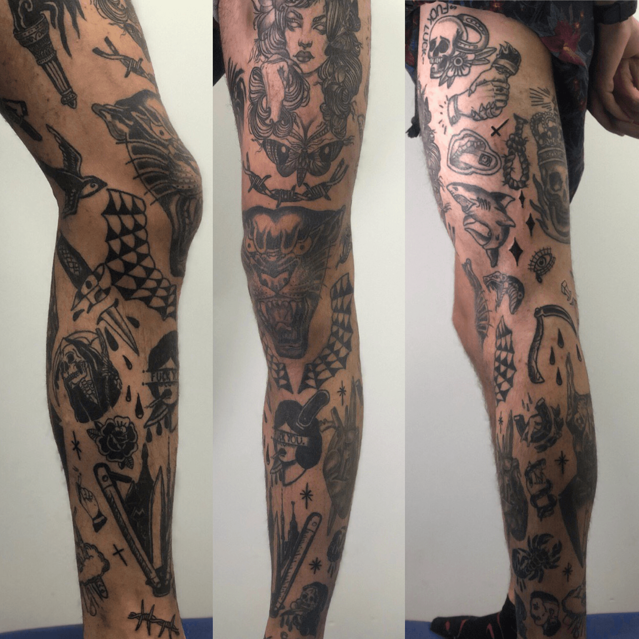 Traditional Patchwork Tattoo Leg Sleeve