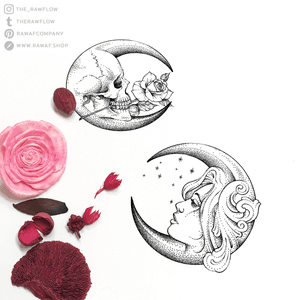 Matching tattoos for her and him. 🖤 Design available in PDF format: www.rawaf.shop/tattoo/basic/  or follow on Instagram (the_rawflow) for new designs every day. #dotwork #blackwork #couple #moon #skull #portrait #death #dark #love #wedding 