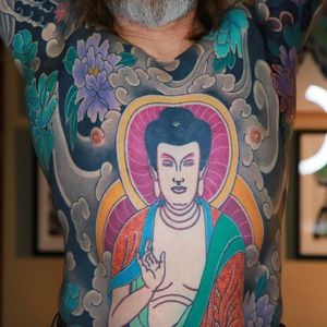 Tattoo by Luca Ortis #LucaOrtis #tattoodoambassador #color #blackandgrey #irezumi #japanese #clouds #buddha #buddhism #flowers #floral #chrystanthemum