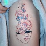 Tattoo by Tattooist Dahh #TattooistDahh #besttattoos #best #watercolor #fineline #linework #illustrative #lady #flowers #floral #nature