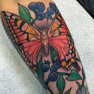 Tattoo by Dan Smith #DanSmith #tattoodoambassador #butterfly #color #traditional #moth #blueberries #leaves #wings #nature