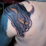 Tattoo by Elliott Wells #ElliottWells #tattoodoambassador #blackandgrey #color #surrealism #surreal #hannya #mask #warped #demon