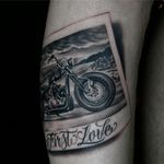 Tattoo by Justin Burnout #JustinBurnout #tattoodoambassador #blackandgrey #motorcycle #polaroid #travel #love #landscape