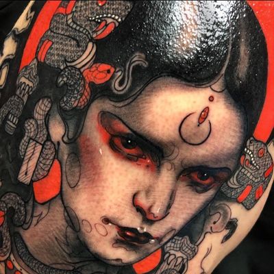 Tattoo by Aimee Cornwell #AimeeCornwell #tattoodoambassador #neotraditional #color #blackandgrey #ladyhead #portrait #thirdeye #snake