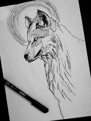 My own drawing of a wolf.#wolf #sketch #blackAndWhite #moon #tattoopattern 
