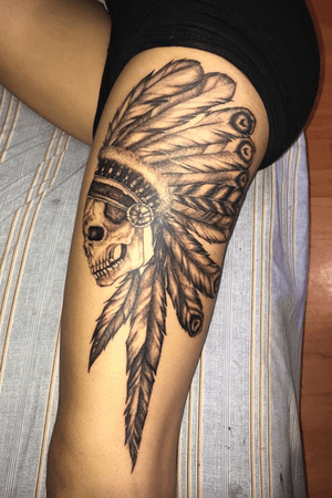 This was a free hand drawing that my friend ended up liking and getting! His IG is - tattoosbymichael                             #nativeamerican #skull #tribal #blackandgrey #freehand #original 