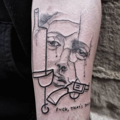 Tattoo by Ugly Kid Gumo #UglyKidGumo #besttattoos #best #blackwork #illustrative #dotwork #gun #wine #tears #portrait