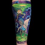 Tattoo by Chris Smith aka inkoutsidethebox #ChrisSmith #inkoutsidethebox #toptattoosof2018 #toptattoos #2018 #bestof2018 #rickandmorty #ricksanchez #color #space #surreal #mortysmith #adultswim #cartoon