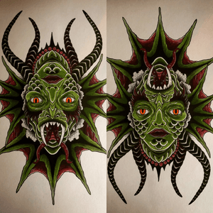 Develish sea creature available in color or blackwork 