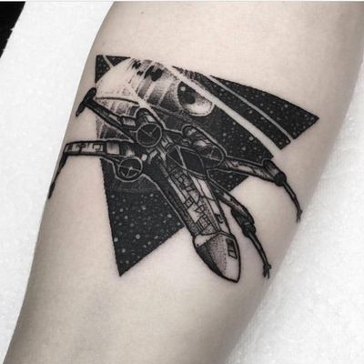Tattoo by Tyler Payne #TylerPayne #spacetattoos #space #galaxy #outerspace #spacetravel #stars #planets #moon #blackwork #illustrative #starwars #deathstar #spaceship