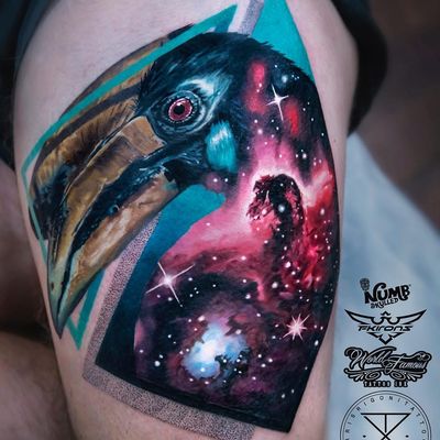 Tattoo by Chris Rigoni #ChrisRigoni #spacetattoos #space #galaxy #outerspace #spacetravel #stars #planets #moon #bird #realistic #realism #hyperrealism #toucan #animal