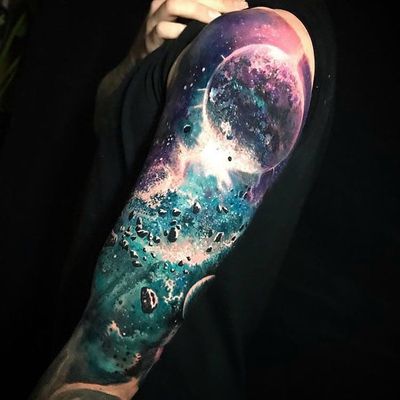 Tattoo by Dylan Webber #DylanWebber #spacetattoos #space #galaxy #outerspace #spacetravel #stars #planets #moon #color #realism #realistic #hyperrealism