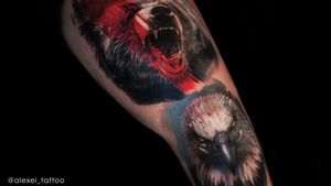 Tattoo leg in a realistic style by tattoo artist Alexei Mikhailov. #eagle #bear #tattoorealism #realistictattoos #tattoos #tattooartist #tattooer #tatuaze #tatuajes #colortattoos #colortattoos #realism