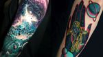 Tattoo on the left by Dylan Webber and tattoo on the right by David SZ #DavidSZ #DylanWebber #spacetattoos #space #galaxy #outerspace #spacetravel #stars #planets #moon
