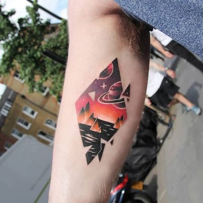 Tattoo by sangjin aka polyc sj #Sangjin #polycsj #spacetattoos #space #galaxy #outerspace #spacetravel #stars #planets #moon #color #newschool #saturn #geometric #shapes