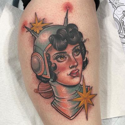 Tattoo by Sadee Glover #SadeeGlover #robottattoos #cyborgtattoos #robot #cyborg #AI #mechanical #machine #color #neotraditional #stars #saturn #lady #ladyhead #pinup #astronaut