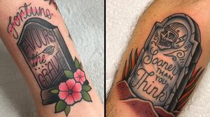Tattoo on the left by Tilly Dee and tattoo on the right by Nary Huval #NaryHuval #TillyDee #tombstonetattoos #gravetattoos #tombstone #grave #death #stone #cemetery