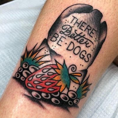 Tattoo by Chaz Otto #ChazOtto #tombstonetattoos #gravetattoos #tombstone #grave #death #stone #cemetery #text #lettering #quote #traditional #doglover #dog #strawberry