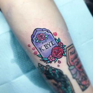 Tattoo by Carla Evelyn #CarlaEvelyn #tombstonetattoos #gravetattoos #tombstone #grave #death #stone #cemetery #text #lettering #quote #newschool #rose #flower #heart #cute
