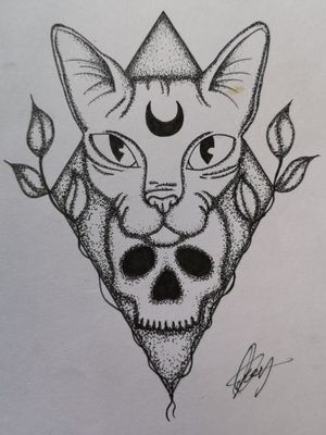 Dotwork cat and skull 