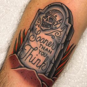 Tattoo by Nary Huval #NaryHuval #tombstonetattoos #gravetattoos #tombstone #grave #death #stone #cemetery #text #lettering #quote #skull #motorcycle #motorcyclist