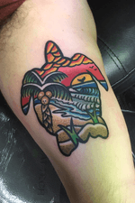 Tropical Sunset scene done in Maui at Mid pAcific Tattoo by Kevin Farrand 