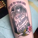 Tattoo by Ginny Neumann #GinnyNeumann #tombstonetattoos #gravetattoos #tombstone #grave #death #stone #cemetery #TheSmiths #musictattoo #music #rockandroll #flower #quote