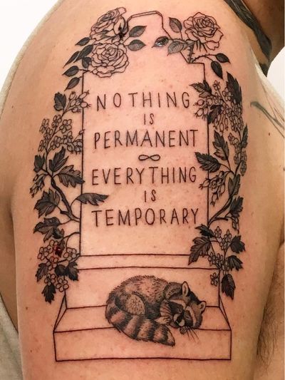 Tattoo by A-B M Valley #abmvalley #valley #tombstonetattoos #gravetattoos #tombstone #grave #death #stone #cemetery #text #lettering #quote #raccoon #flower #floral #illustrative