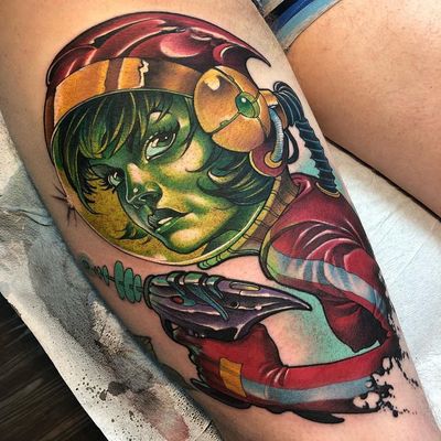 Tattoo by James Tex #JamesTex #tattoodoambassador #neotraditional #newschool #mashup #color #pinup #spacebabe #babe #ladyhead #lady #portrait #astronaut #spacetravel #gun #futuristic