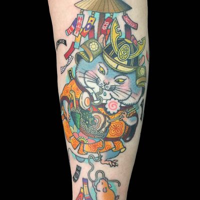 Tattoo by Wendy Pham #WendyPham #tattoodoambassador #guineapig #mouse #animal #cute #color #neojapanese #japanese #ramen #foodtattoo #food #chopsticks