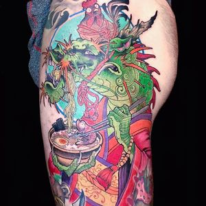 Tattoo by Ed Perdomo #EdPerdomo #tattoodoambassador #neojapanese #color #dragon #chicken #ramen #prawn #chopsticks #foodtattoo #food #kimono