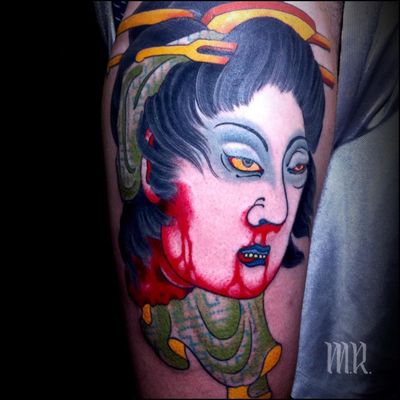 Tattoo by Mike Rubendall #MikeRubendall #tattoodoambassador #Japanese #irezumi #color #namakubi #severedhead #geisha #death #blood #portrait #ladyhead #lady