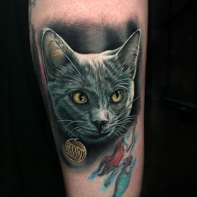 Tattoo by Megan Massacre #MeganMassacre #tattoodoambassador #cat #color #realism #realistic #Hyperrealism #petportrait #feline #cute