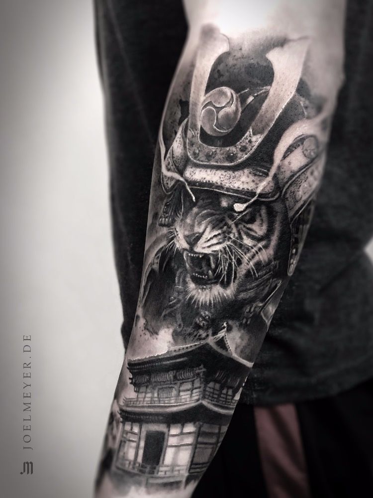 Tattoo uploaded by Joel Meyer  Tiger Samurai Temple Black and Grey Realism  Tattoo  Tattoodo