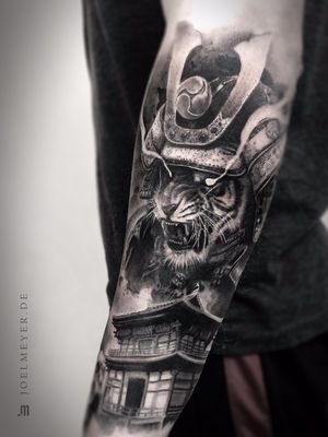 Tiger Samurai Temple  Black and Grey Realism Tattoo