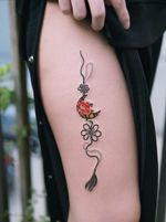 A black norigae beautifully drawn on her leg done in Toronto, Canada.  #tattoo #Korea #tattooart #koreatattoo #koreatattooist #flowertattoo #illustration #birthflowertattoo #tattooistartmag #hongdae #flowers #coloredtattoo  #watercolortattoo #hongdaetattoo #norigae #tattooistsion 
